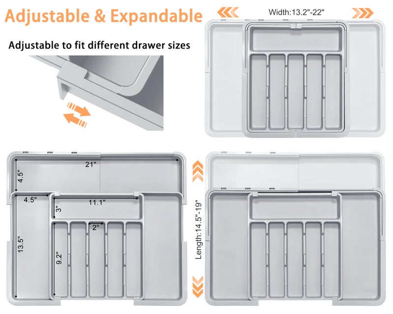 Spaclear Silverware Organizer Expandable Kitchen Drawer Organizer Adjustable 22"x 19" Utensil Organizer with Rubber Feets Cutlery Drawer Organizer for Spoons Forks Knives Kitchen Organizers and Storage Grey - Image 2