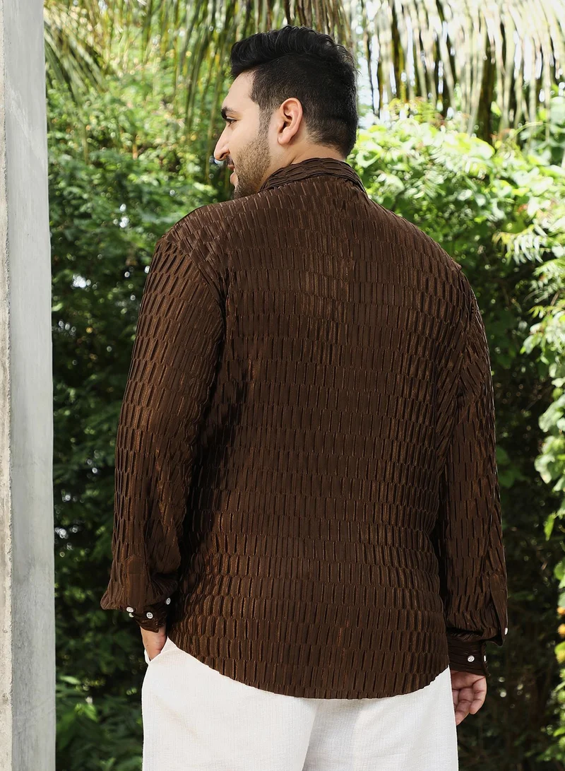 Instafab Plus Instafab Plus Men's Chocolate Brown Ruche-Pleated Shirt For Casual Wear | Spread Collar | Long Cuffed Sleeves | Button Closure | Plus Size Shirt Crafted With Comfort Fit For Everyday Wear
