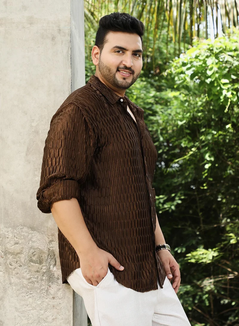 Instafab Plus Instafab Plus Men's Chocolate Brown Ruche-Pleated Shirt For Casual Wear | Spread Collar | Long Cuffed Sleeves | Button Closure | Plus Size Shirt Crafted With Comfort Fit For Everyday Wear