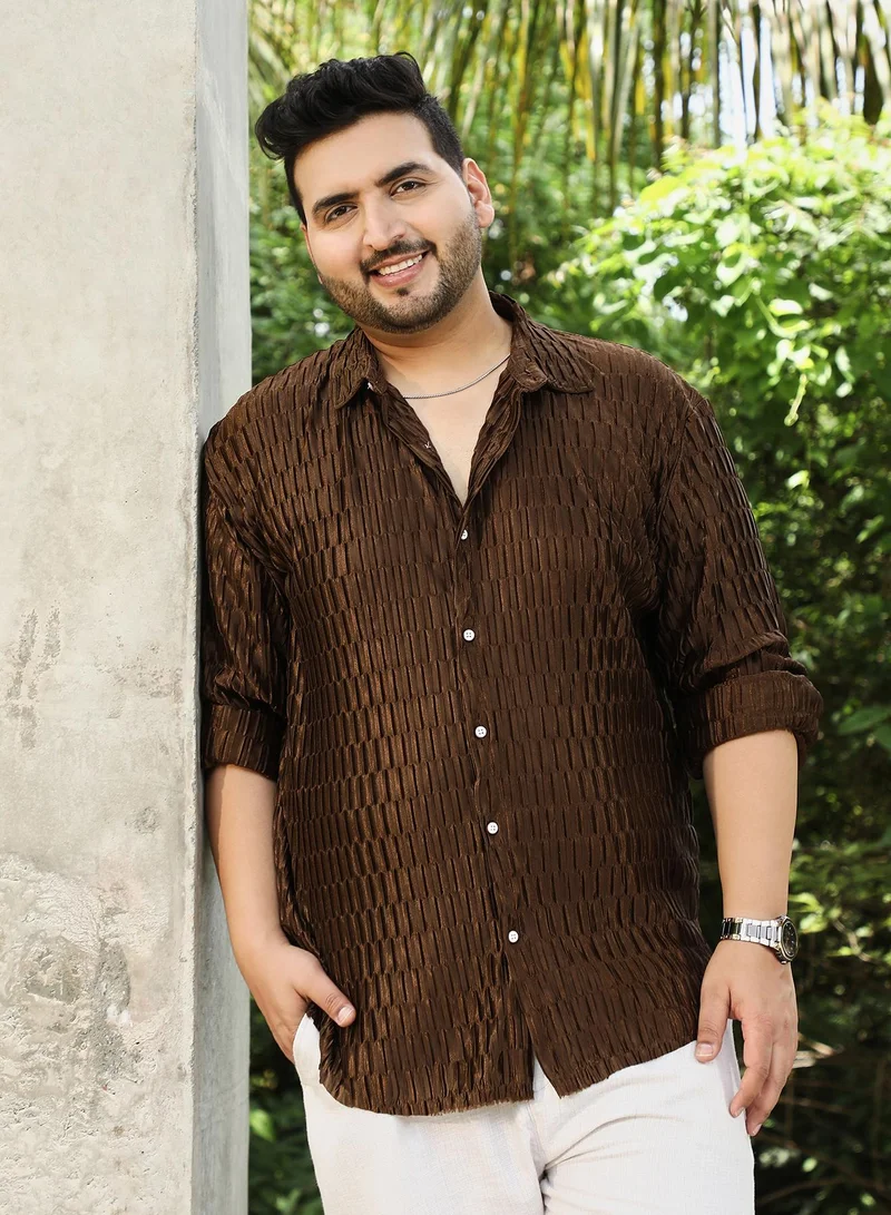 انستافاب بلس Instafab Plus Men's Chocolate Brown Ruche-Pleated Shirt For Casual Wear | Spread Collar | Long Cuffed Sleeves | Button Closure | Plus Size Shirt Crafted With Comfort Fit For Everyday Wear