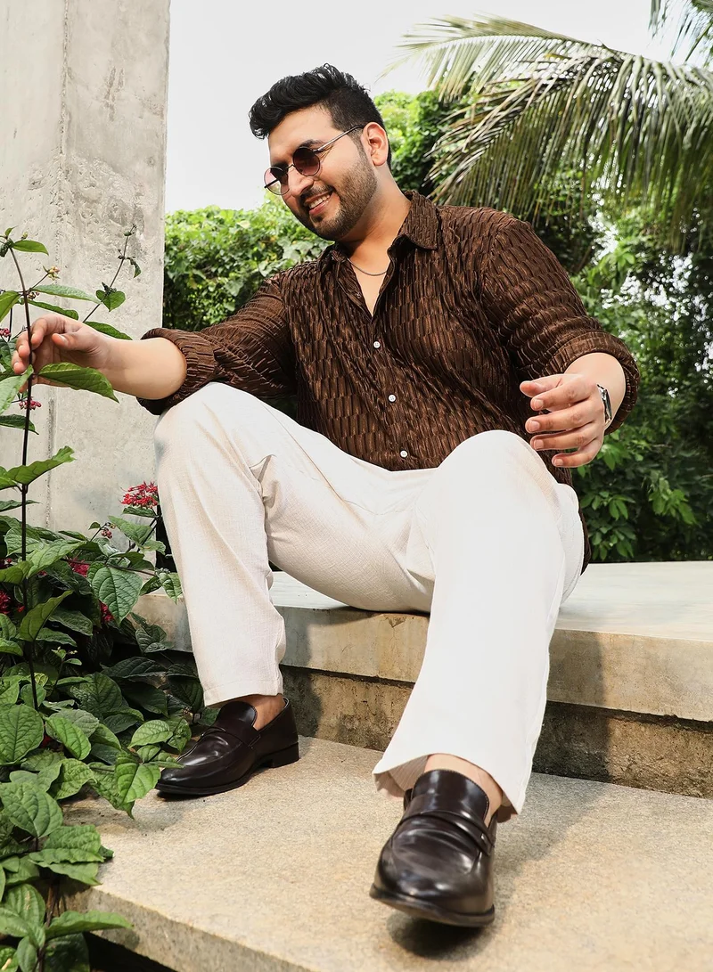 Instafab Plus Instafab Plus Men's Chocolate Brown Ruche-Pleated Shirt For Casual Wear | Spread Collar | Long Cuffed Sleeves | Button Closure | Plus Size Shirt Crafted With Comfort Fit For Everyday Wear