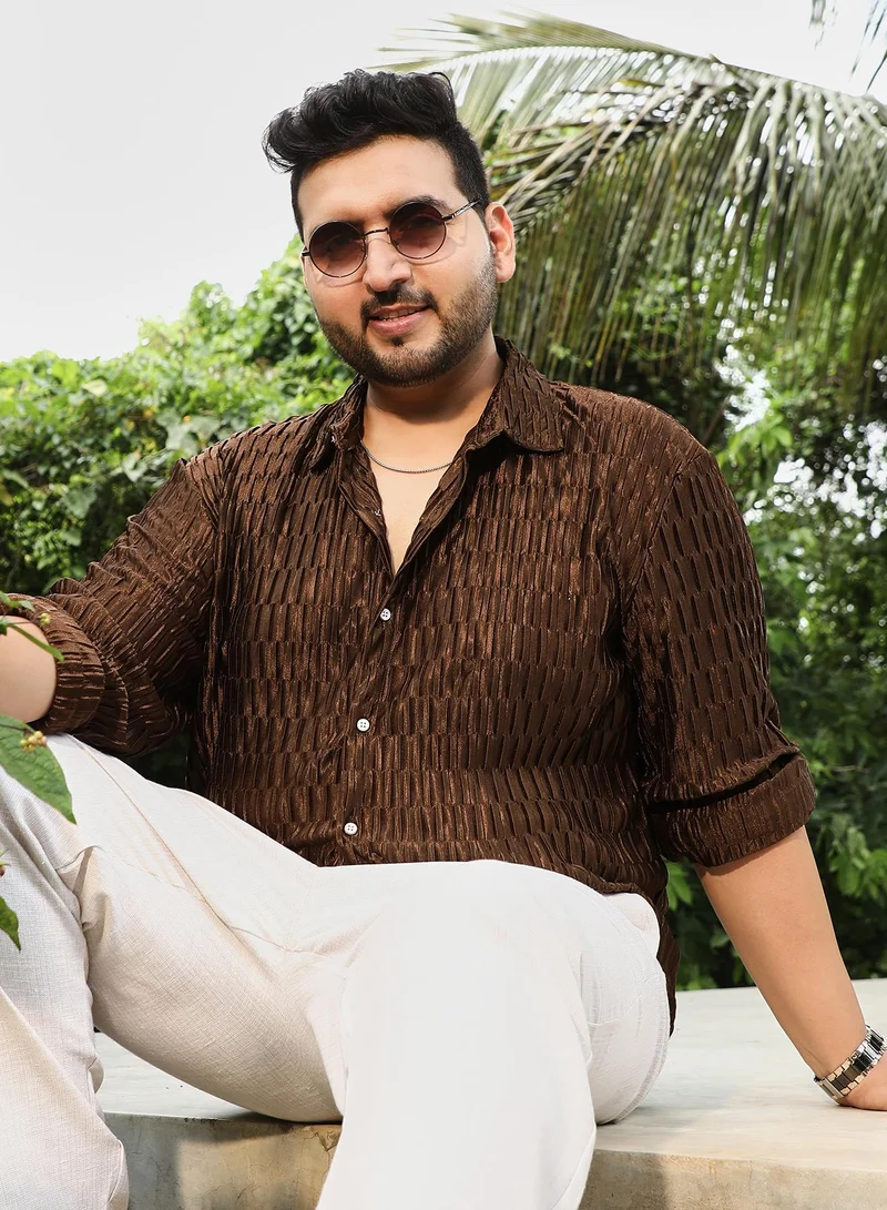 انستافاب بلس Instafab Plus Men's Chocolate Brown Ruche-Pleated Shirt For Casual Wear | Spread Collar | Long Cuffed Sleeves | Button Closure | Plus Size Shirt Crafted With Comfort Fit For Everyday Wear