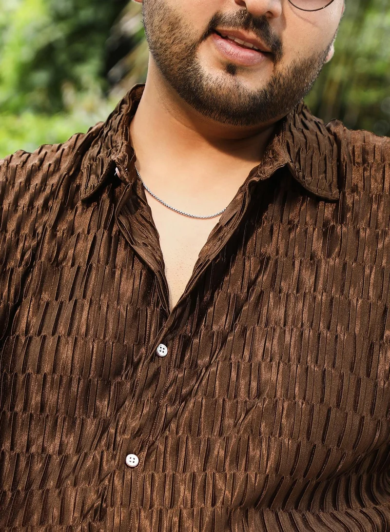 Instafab Plus Instafab Plus Men's Chocolate Brown Ruche-Pleated Shirt For Casual Wear | Spread Collar | Long Cuffed Sleeves | Button Closure | Plus Size Shirt Crafted With Comfort Fit For Everyday Wear