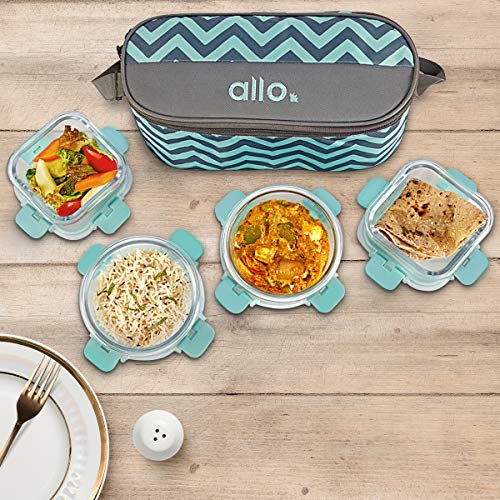 Allo FoodSafe Microwave Oven Safe Square, Round High Borosilicate Glass Lunch Box, Break Free Detachable Lock, Office Tiffin with Chevron Mint Bag, Set of 4, 310ml x 2, 390ml x 2 (Mint Green) - Image 2