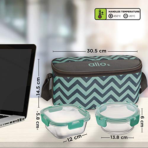 Allo FoodSafe Microwave Oven Safe Square, Round High Borosilicate Glass Lunch Box, Break Free Detachable Lock, Office Tiffin with Chevron Mint Bag, Set of 4, 310ml x 2, 390ml x 2 (Mint Green) - Image 3