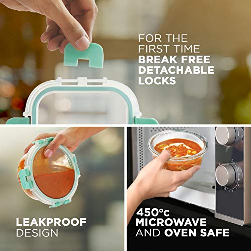 Allo FoodSafe Microwave Oven Safe Square, Round High Borosilicate Glass Lunch Box, Break Free Detachable Lock, Office Tiffin with Chevron Mint Bag, Set of 4, 310ml x 2, 390ml x 2 (Mint Green) - Image 4