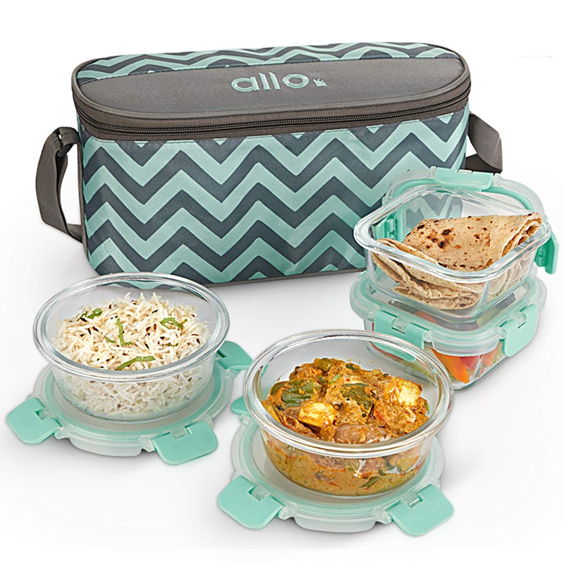 Allo FoodSafe Microwave Oven Safe Square, Round High Borosilicate Glass Lunch Box, Break Free Detachable Lock, Office Tiffin with Chevron Mint Bag, Set of 4, 310ml x 2, 390ml x 2 (Mint Green) - Image 5