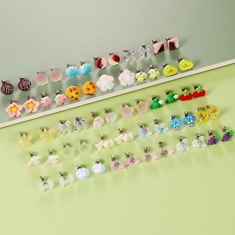 SYNLIN 30 Pairs Mini Flat Back Earrings for Girls - Screw back Earring with Surgical Steel Posts | Cartoon, Floral, Star & Food Charms | Hypoallergenic Kids & Teens Ear Jewelry for Daily Wear or Parties - Image 3
