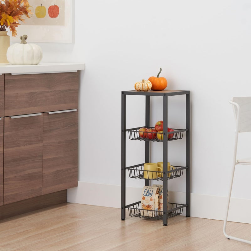 TRINITY 4-Tier Freestanding Metal Shelving Rack with Wire Baskets, Wood Top, and Adjustable Feet, 12"x12"x30", Dark Gray + Oak Brown Top - Image 2
