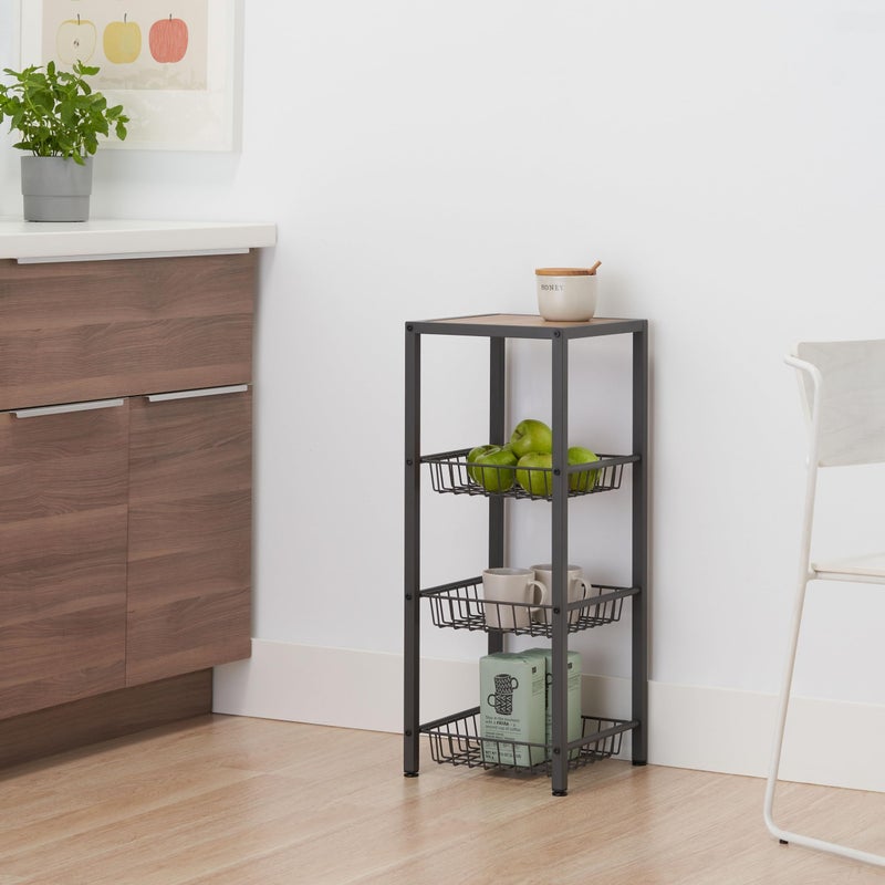 TRINITY 4-Tier Freestanding Metal Shelving Rack with Wire Baskets, Wood Top, and Adjustable Feet, 12"x12"x30", Dark Gray + Oak Brown Top - Image 3