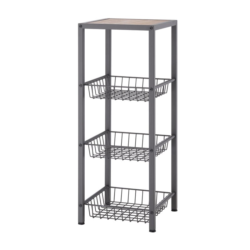 TRINITY 4-Tier Freestanding Metal Shelving Rack with Wire Baskets, Wood Top, and Adjustable Feet, 12"x12"x30", Dark Gray + Oak Brown Top - Image 1
