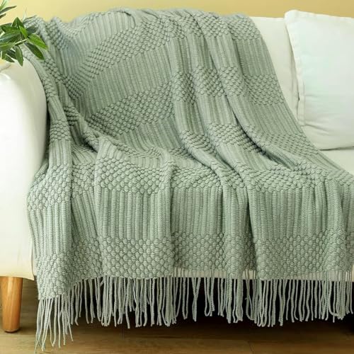 Blagic Knitted Throw Blanket for Couch, Bed and Sofa. Super Soft Blanket with Tassels, Sage Green Throw Blanket, 50 x 60 Inches Lightweight & Cosy Home Decor - Image 1