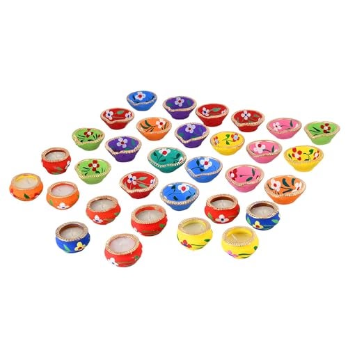 STLYZ Diwali Combo of 21 pcs. Colourful Handmade Diyas and 11 pcs. Designer Mitti Matki Diya with Wax Filled Diwali Decoration Clay Mitti Diya, Deepak, Traditional Diya for Pooja (Multi Color) - Image 3