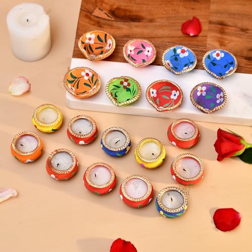 STLYZ Diwali Combo of 21 pcs. Colourful Handmade Diyas and 11 pcs. Designer Mitti Matki Diya with Wax Filled Diwali Decoration Clay Mitti Diya, Deepak, Traditional Diya for Pooja (Multi Color) - Image 1