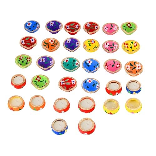 STLYZ Diwali Combo of 21 pcs. Colourful Handmade Diyas and 11 pcs. Designer Mitti Matki Diya with Wax Filled Diwali Decoration Clay Mitti Diya, Deepak, Traditional Diya for Pooja (Multi Color) - Image 5