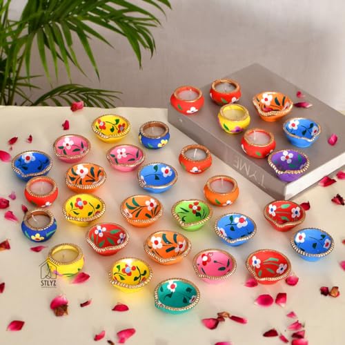 STLYZ Diwali Combo of 21 pcs. Colourful Handmade Diyas and 11 pcs. Designer Mitti Matki Diya with Wax Filled Diwali Decoration Clay Mitti Diya, Deepak, Traditional Diya for Pooja (Multi Color) - Image 2