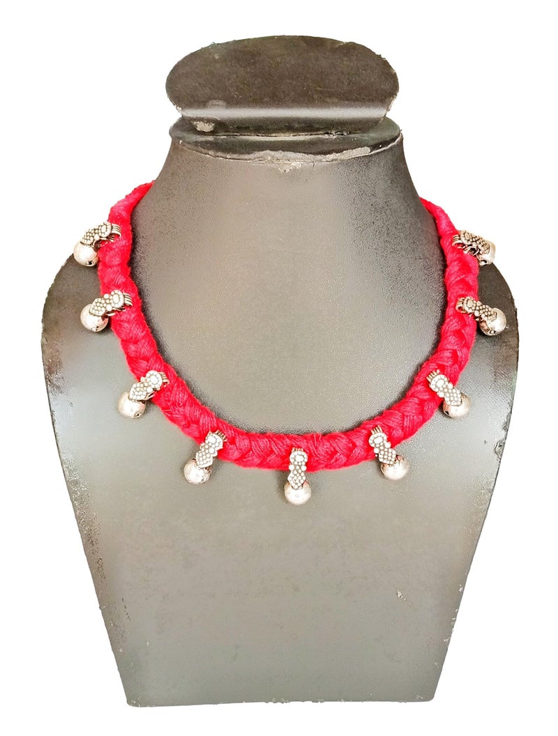 ATHZ Collar Necklace for women Thread Jewelry Oxidised silver Round beaded Handmade Artisan choker Necklace (Red, Silver) - Image 2