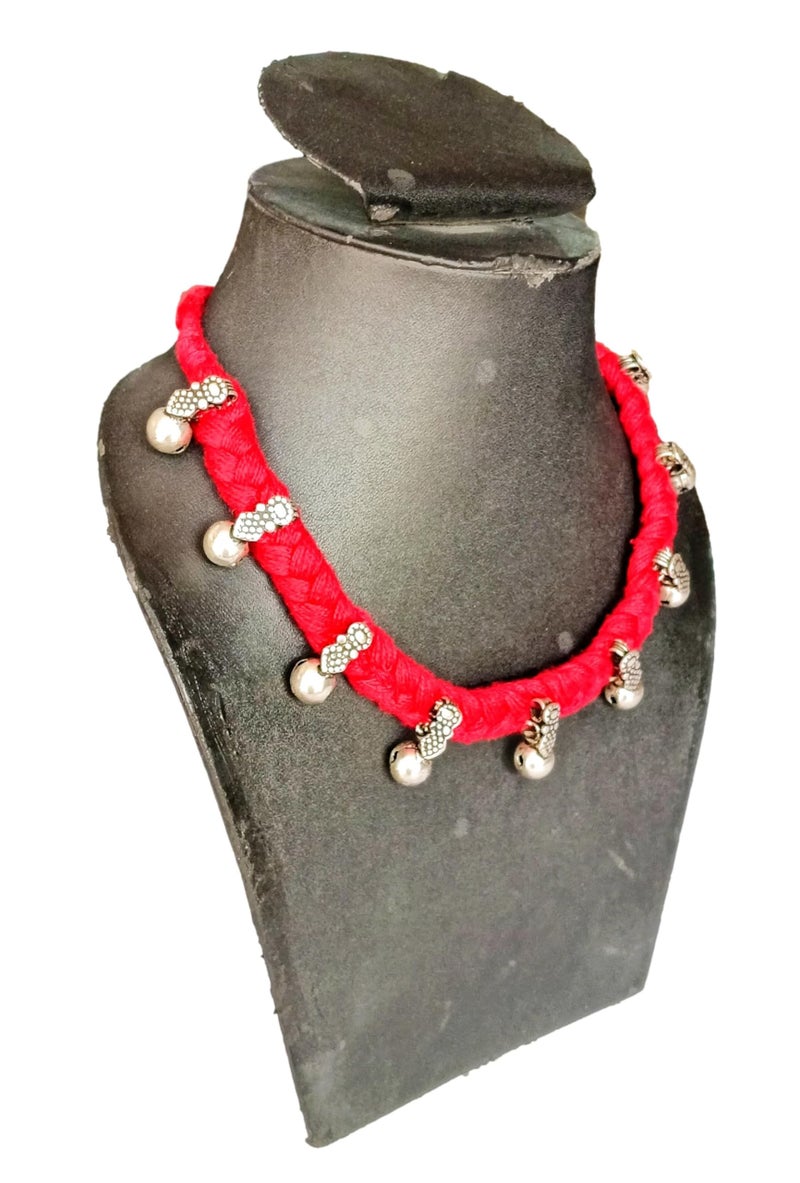 ATHZ Collar Necklace for women Thread Jewelry Oxidised silver Round beaded Handmade Artisan choker Necklace (Red, Silver) - Image 3