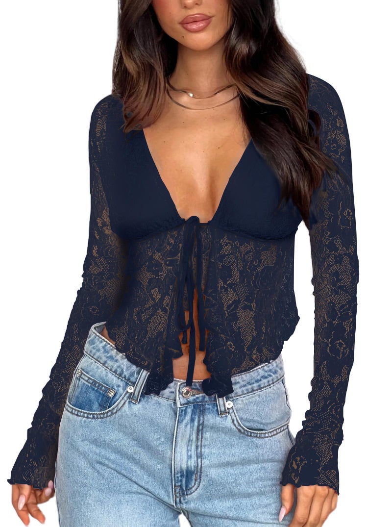 AGECODE Women's Sexy Open Front Tie Long Sleeve Ruffle Trim Sheer Mesh Lace Crop Tops Blouses Navy Blue X-Large - Image 1