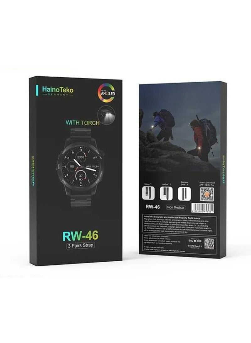 Haino Teko RW-46 Smartwatch – AMOLED Display, 3 Straps (Silicone, Leather & Stainless Steel), Fitness Tracker, Heart Rate & Sports Mode, Waterproof, Compatible with Android & iOS – Silver - Image 3