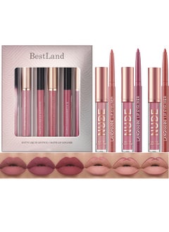 BestLand 6Pcs Matte Liquid Lipstick  Lip Liner Pens Set One Step Lips Makeup Kits Pigment Velvety Nude Lip Stain Waterproof Long Wear Lip Gloss Make up Gift Set Classic Allure Set