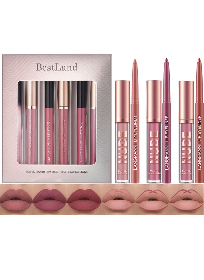 Bestland - BestLand 6Pcs Matte Liquid Lipstick  Lip Liner Pens Set One Step Lips Makeup Kits Pigment Velvety Nude Lip Stain Waterproof Long Wear Lip Gloss Make up Gift Set Classic Allure Set - Image 1