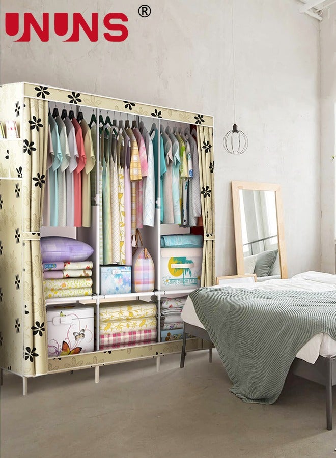 UNUNS Wardrobe Storage Closet,Fabric Clothes Organizer With Side Pockets,Zipper And Hanging Rail,Foldable Non-Woven Textile Storage Clothing Rack - Image 5