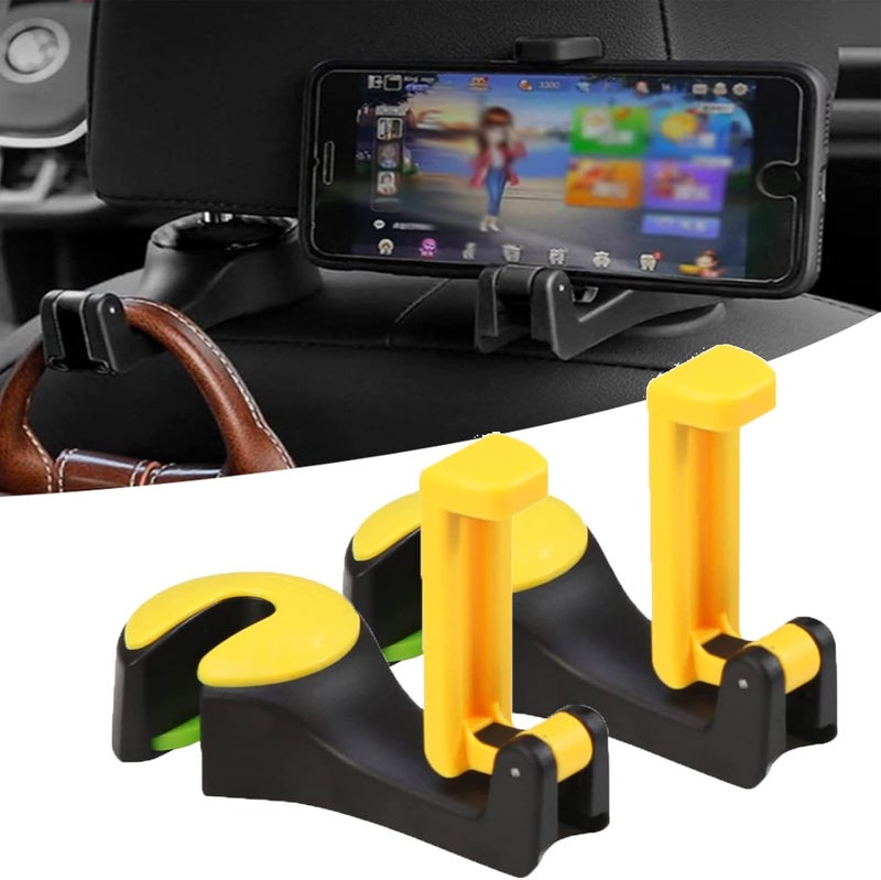 cheekyglo 2 in 1 Car Headrest Hidden Hook, Universal Multifunctional Car Vehicle Headrest Hook, 2 in 1 car seat hooks for purses and bags with phone holder (Yellow) - Image 1