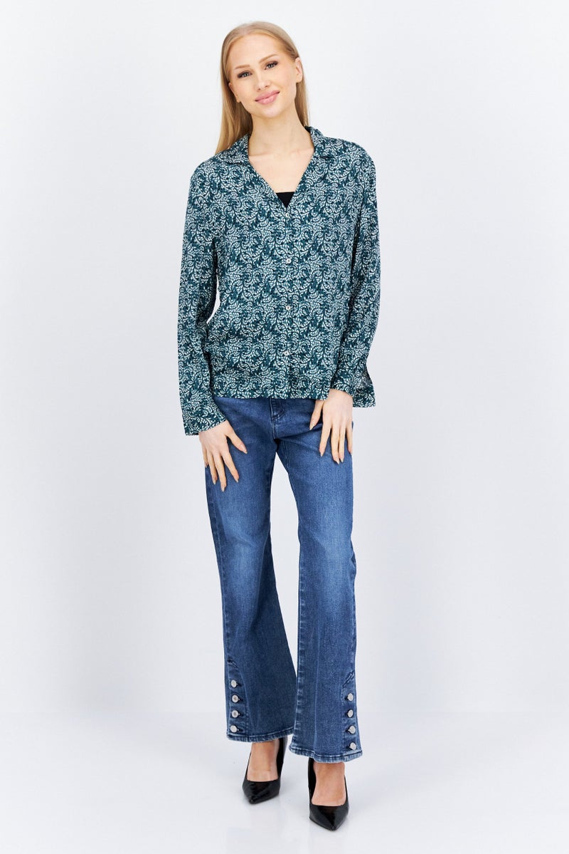 Etam Women Notched Collar Floral Print Shirt, Green - Image 3