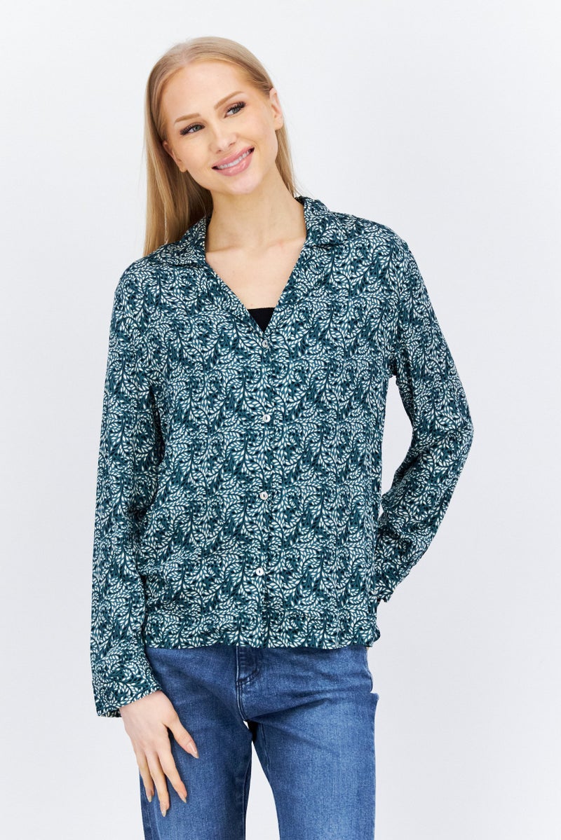 Etam Women Notched Collar Floral Print Shirt, Green - Image 1