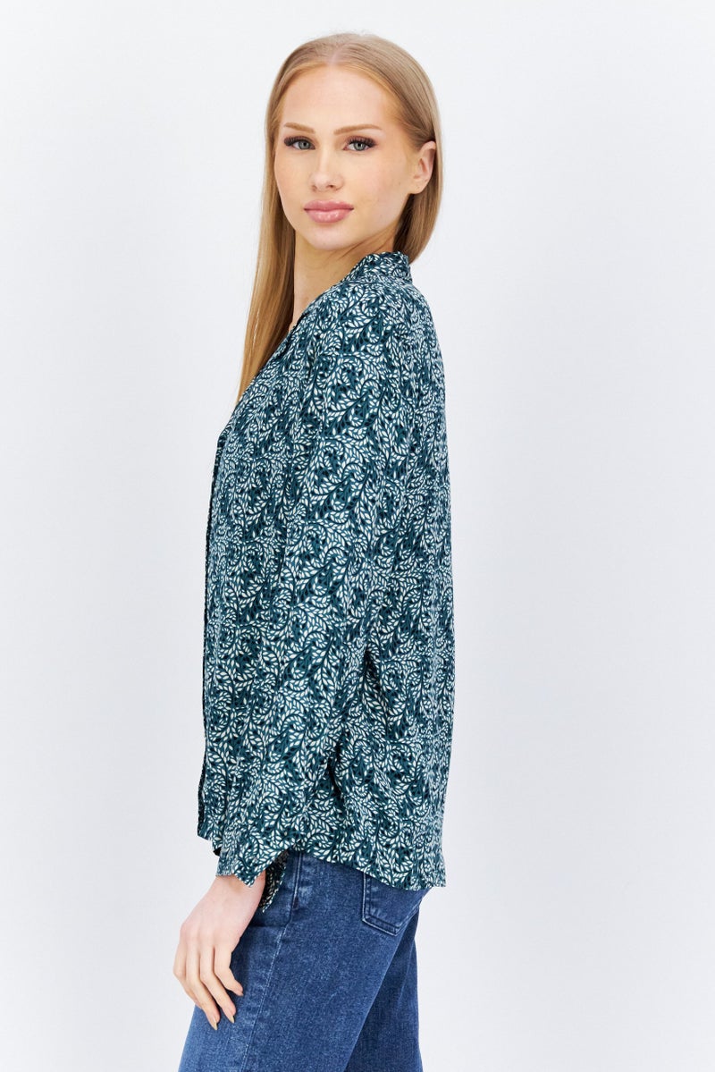 Etam Women Notched Collar Floral Print Shirt, Green - Image 4