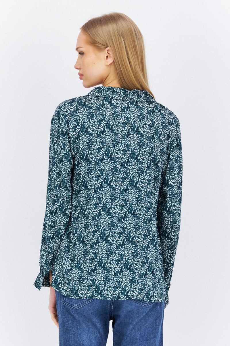 Etam Women Notched Collar Floral Print Shirt, Green - Image 2