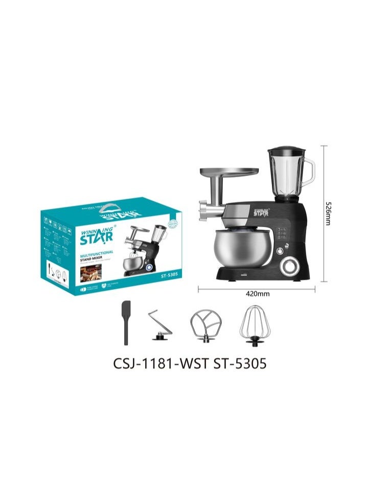 Winning Star Food Processor, 5L Capacity, Mixer, Meat Grinder, Blender, Pouring Shield, 6 Speeds with Pulse, 2000W, Black Silver, ST-5305 - Image 1