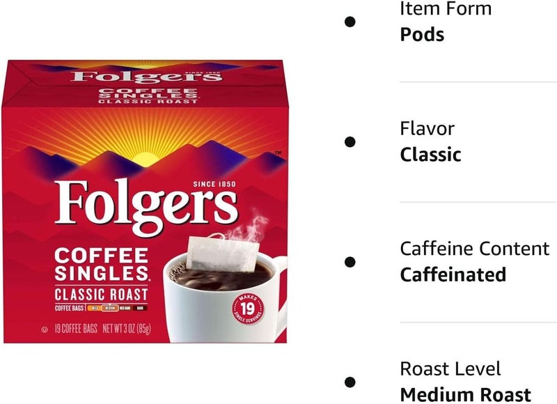 Folgers Coffee Singles Classic Roast Medium Roast Coffee, 19 Count (Pack of 12) - Image 5