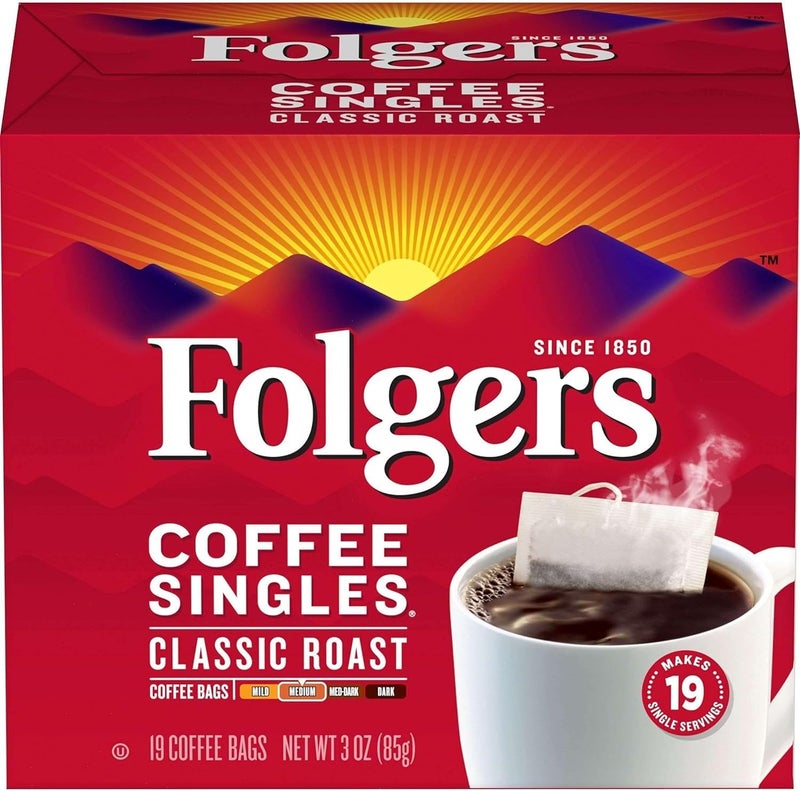 Folgers Coffee Singles Classic Roast Medium Roast Coffee, 19 Count (Pack of 12) - Image 1