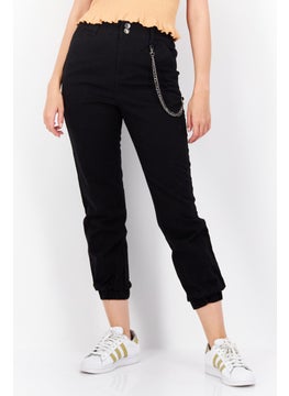 Women Regular Fit Plain With Metal Chain Jogger Pants, Black