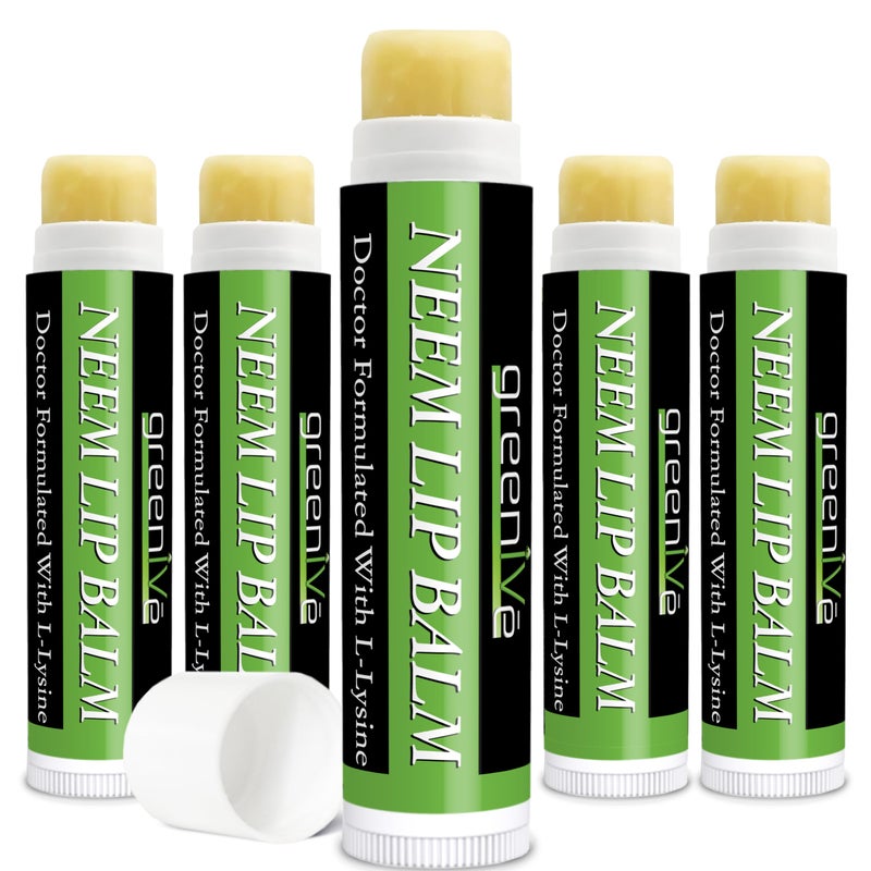 GreenIVe Neem Lip Balm Vegan Lip Moisturizer Neem Seed Oil L-Lysine Handcrafted Natural Lip Care Chap Stick for Dry Lips Cracked Lips Sensitive Lips All Natural Ingredients Beeswax Free (5 Tubes) - Image 1