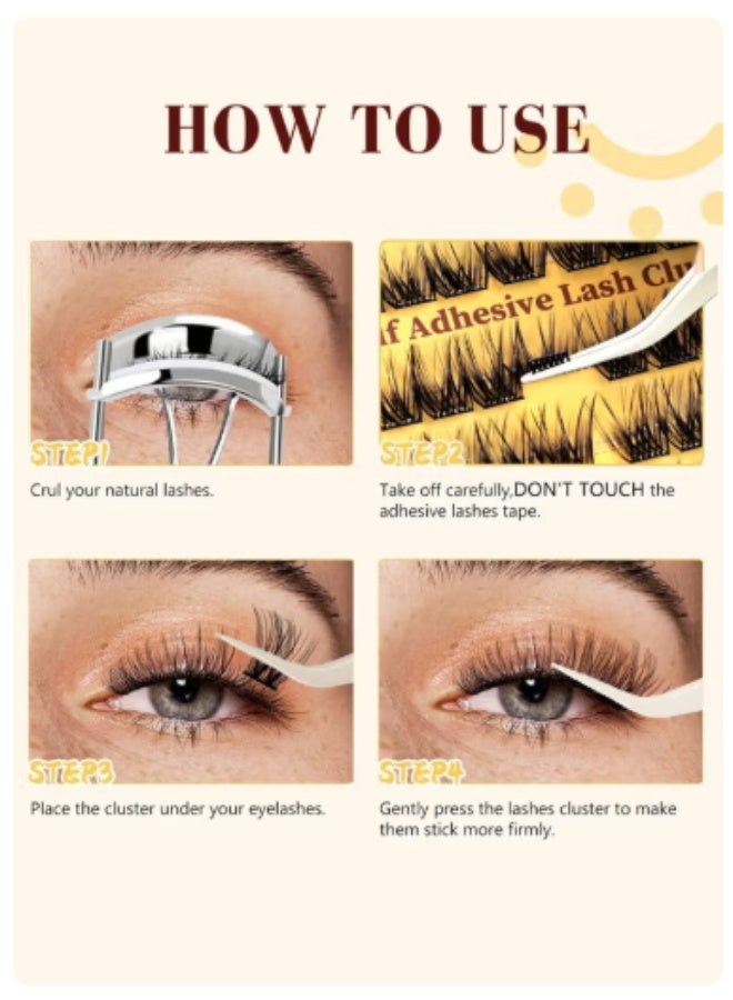 100 PCS Self-Adhesive Eyelashes Clusters Kit – D Curl, Pre-Glued – DIY False Eyelashes with Tweezers for Beginners – Press-On Glueless Lash Extension Kit – 10-16mm – No Glue, No Remover, No Residue - Image 3