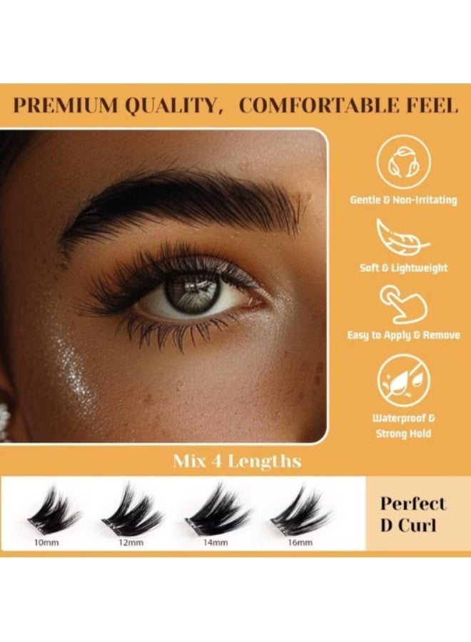 100 PCS Self-Adhesive Eyelashes Clusters Kit – D Curl, Pre-Glued – DIY False Eyelashes with Tweezers for Beginners – Press-On Glueless Lash Extension Kit – 10-16mm – No Glue, No Remover, No Residue - Image 4