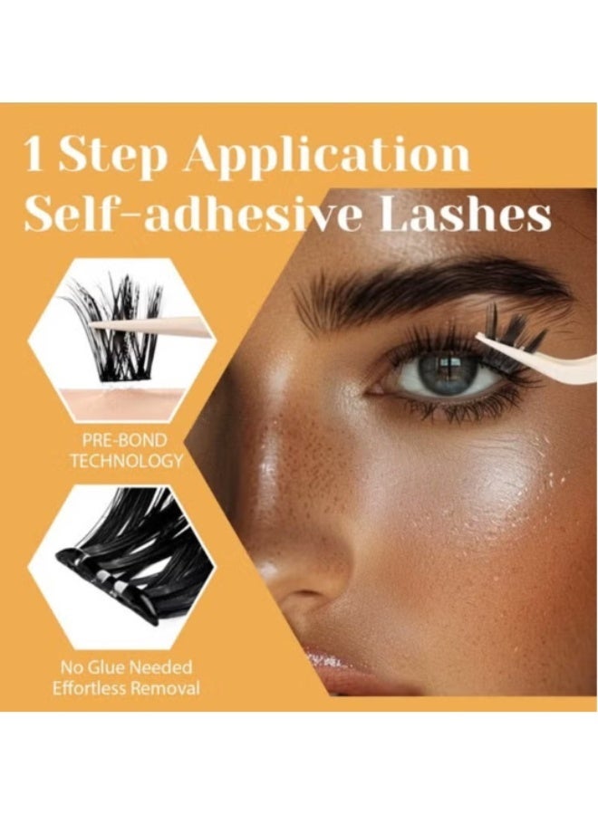 100 PCS Self-Adhesive Eyelashes Clusters Kit – D Curl, Pre-Glued – DIY False Eyelashes with Tweezers for Beginners – Press-On Glueless Lash Extension Kit – 10-16mm – No Glue, No Remover, No Residue - Image 3