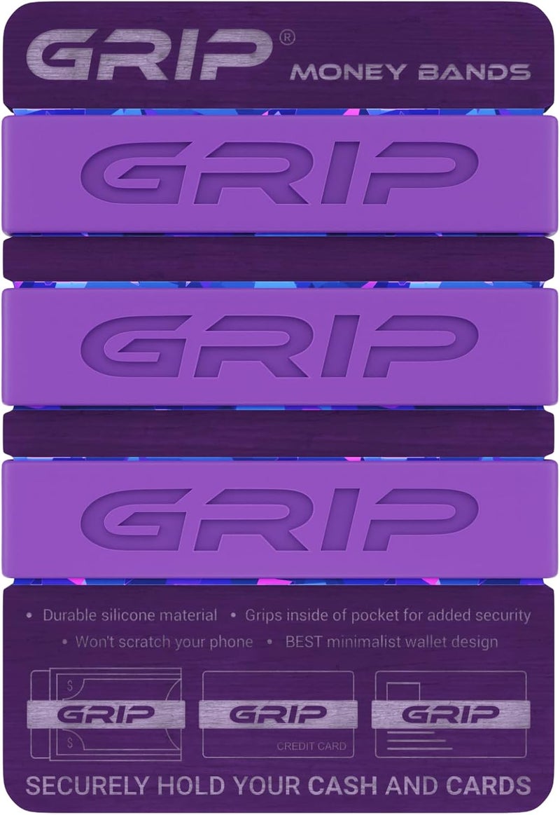 Grip Money Bands (Pack of 3) - PURPLE - Premium Silicone Band for Cash & Cards - Slim & Durable Design - Image 1