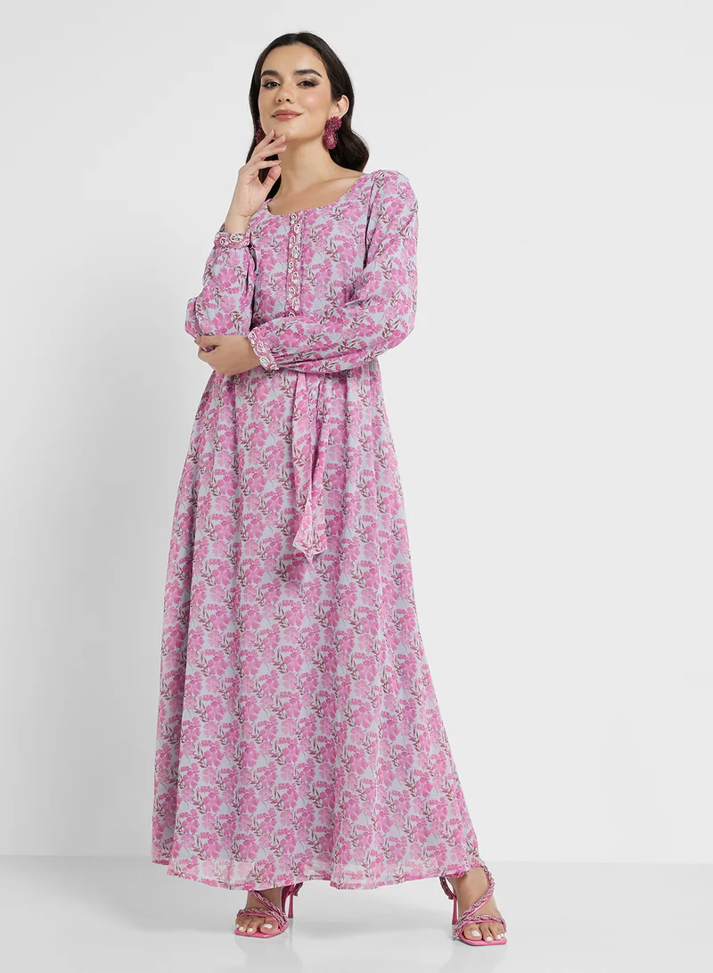 KASHKHA Floral Print Dress with Front Hook and Buttons (VG2209A)