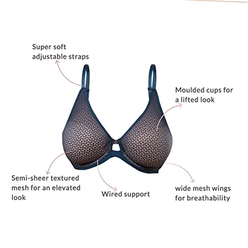 NYKD Everyday Textured Lace Support Bra for Women Daily Use Non-Padded, Wired, Full Coverage Bra, NYB140, Dark Blue, 40E, 1N - Image 5