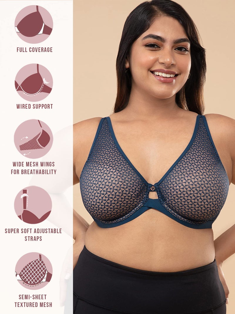 NYKD Everyday Textured Lace Support Bra for Women Daily Use Non-Padded, Wired, Full Coverage Bra, NYB140, Dark Blue, 40E, 1N - Image 2