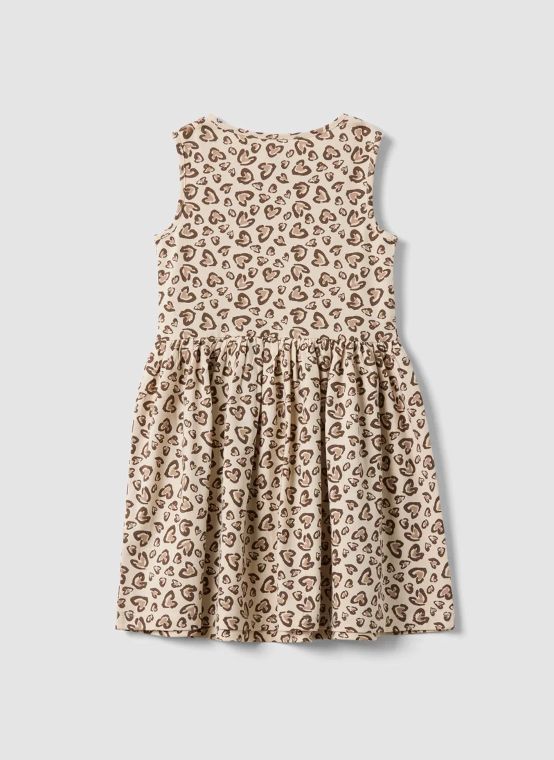 او في اس OVS Beige Pure Cotton Mini Dress With Heart Print
