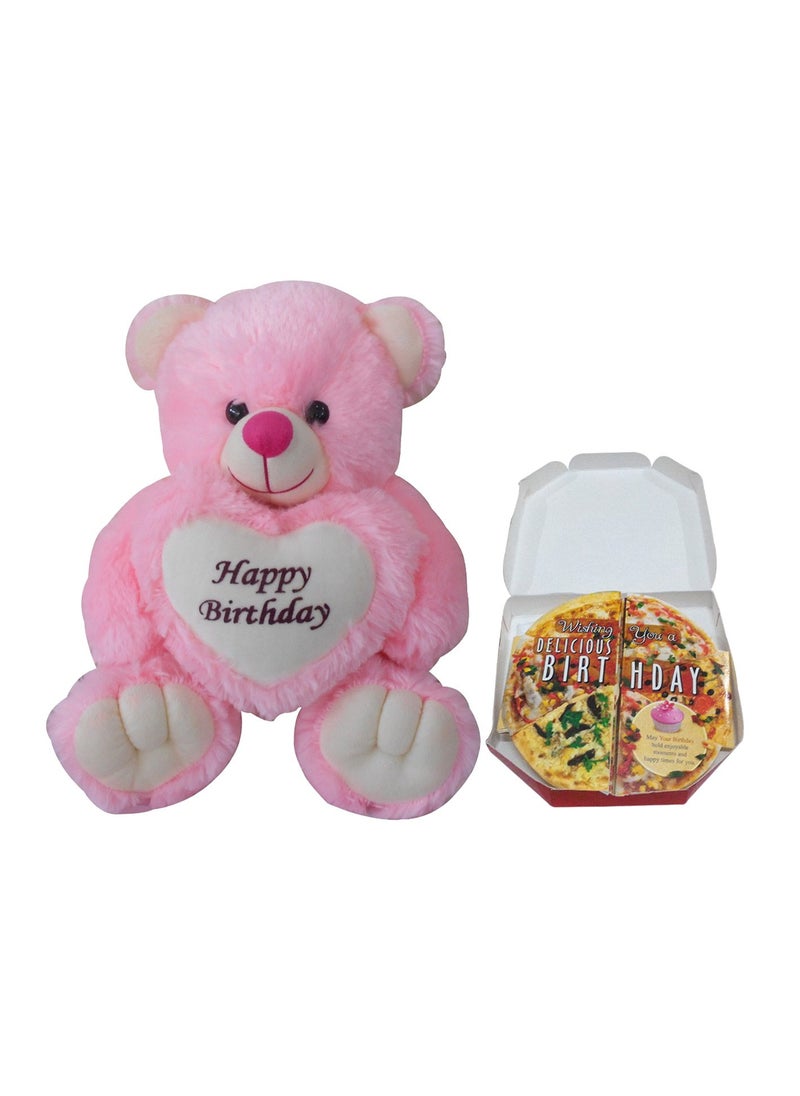 Saugat Traders - Saugat Traders Birthday Gift Combo - Happy Birthday Pink Teddy Bear with Pizza Theme Greeting Card for Girl-Boy-Friend-Fiance-Couple - Image 1