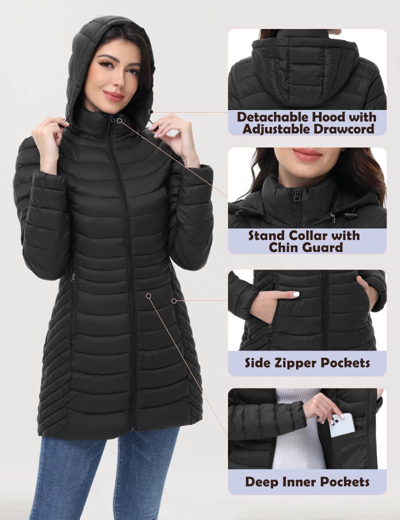 MIDNIGHTSUN Women’s Packable Puffer Jacket Lightweight Puffer Coat Mid-length Hooded Warm Winter Puffy Jacket (Black, S) - Image 4