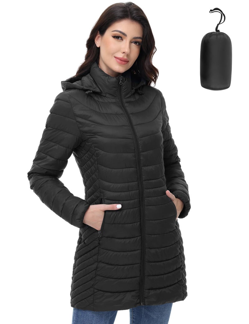 MIDNIGHTSUN Women’s Packable Puffer Jacket Lightweight Puffer Coat Mid-length Hooded Warm Winter Puffy Jacket (Black, S) - Image 1