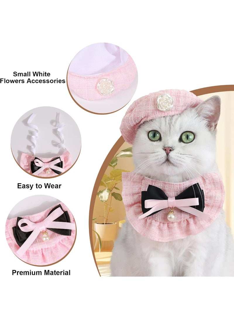 2PCS Cat Beret Hat with Small Camellia, Adjustable Satin Bowtie Bandana Scarf Set Pet Princess Costume for Halloween Christmas, Cat Dog Birthday Party Apparel (Pink Bow) - Image 4