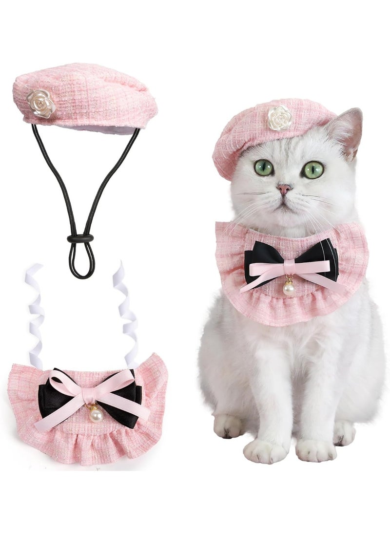 2PCS Cat Beret Hat with Small Camellia, Adjustable Satin Bowtie Bandana Scarf Set Pet Princess Costume for Halloween Christmas, Cat Dog Birthday Party Apparel (Pink Bow) - Image 1
